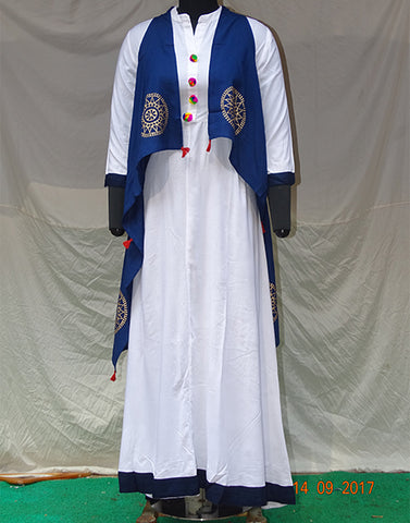 White Rayon Long Kurti with Navy Blue Jacket