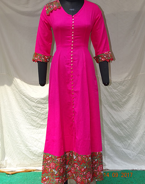 Hot Pink Long Kurti with Kalamkari Border