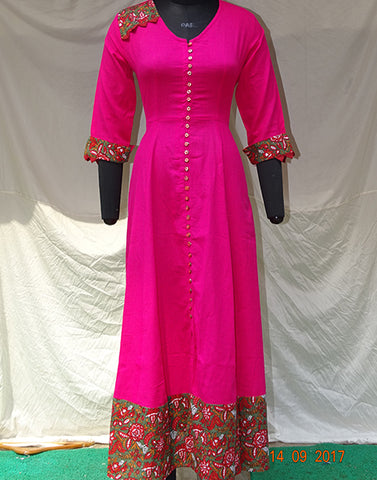 Hot Pink Long Kurti with Kalamkari Border