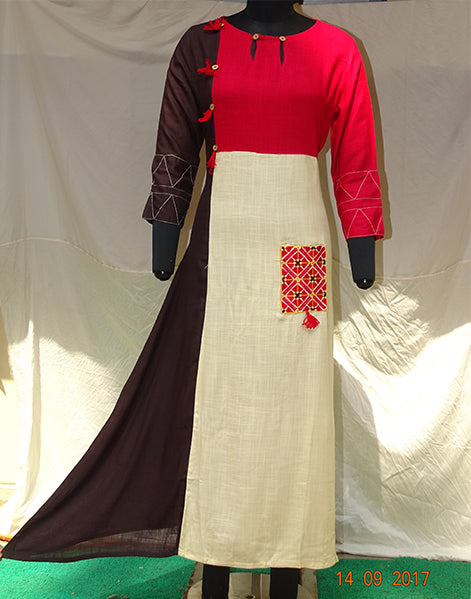 Red,Brown and Beige Long Kurti with Tassels Attched at side