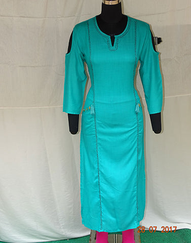 Sea green Long Kurti with Tassels Attached