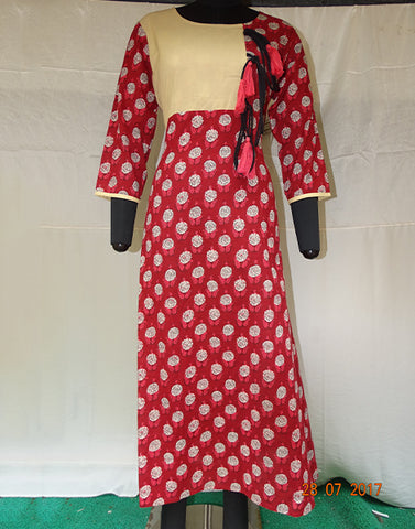 Beige & Printed Red Tassels Long Kurti