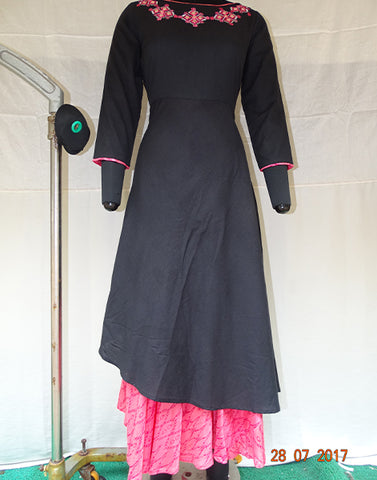 Black Cotton & Pink Embroided Long Kurti