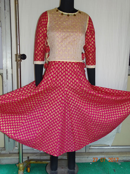 Pink & Golden Printed Anarkali Kurti